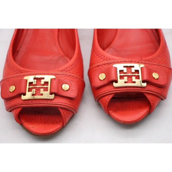 Tory Burch Emma Wedge Women's Size 6.5 Red Leather Peep Toe Shoes - Picture 11 of 11